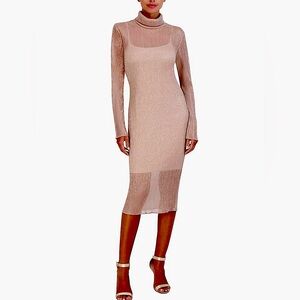 BCBGMAXAZRIA Women's Fitted Bodycon Midi Dress Mock Neck Pleated Glitter Mesh